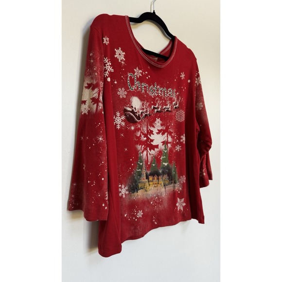 Vtg Red Christmas Pullover Shirt Santa Sleigh Reindeer Rhinestones Snowflake - Picture 15 of 16